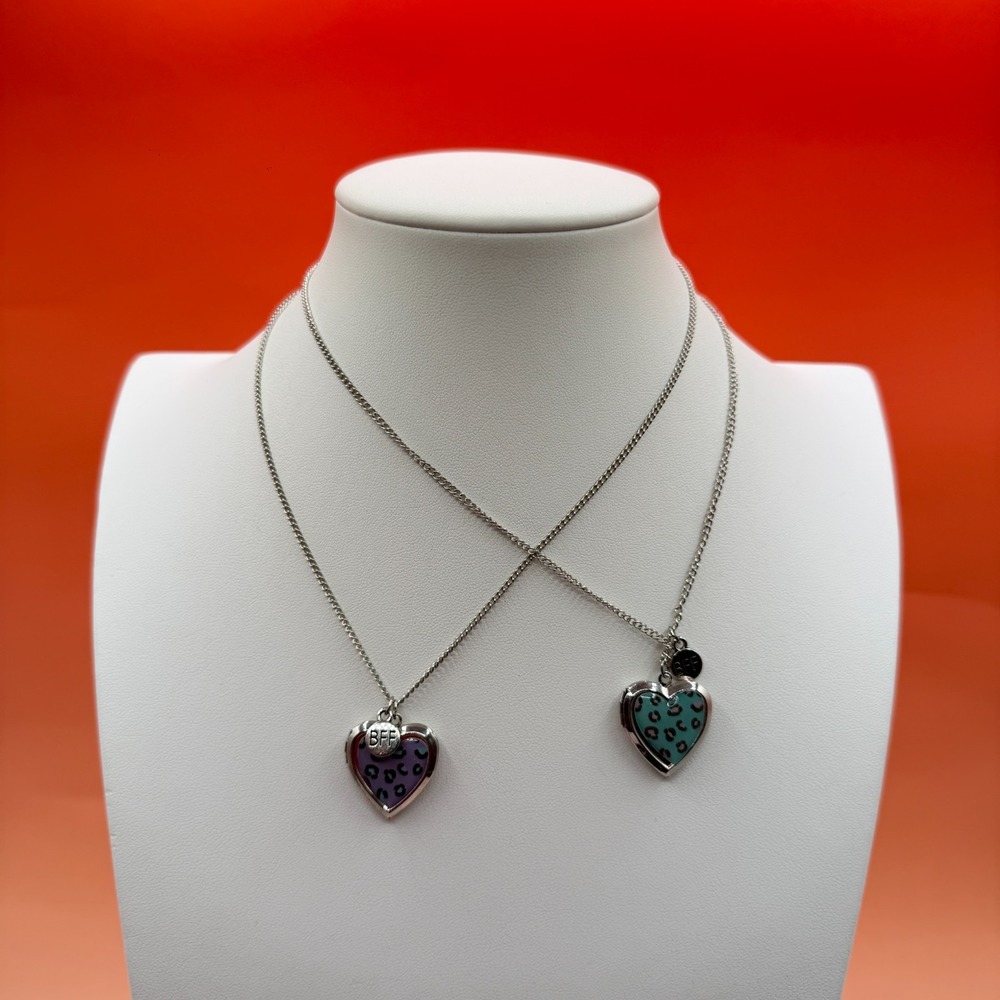 2 BFF Heart Locket Necklaces Leopard Print Purple Teal Friendship Y2K Gift Set